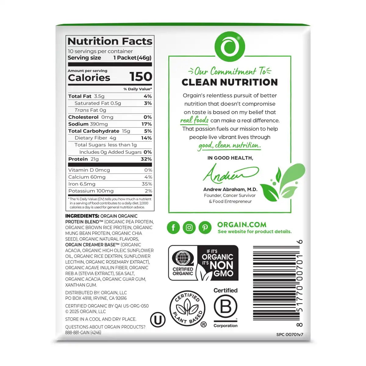 Single Serve Organic Protein™ Plant Based Protein Powder - Vanilla Bean